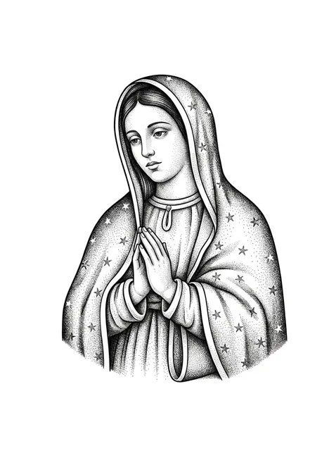 Black and grey dotwork virgin mary and praying hands tattoo design