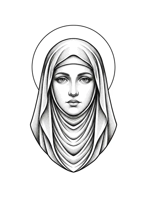 Black and grey dotwork virgin mary and woman portrait tattoo design: the Virgin Mary