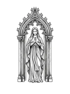 Black and grey dotwork virgin mary tattoo design: the Virgin Mary in a gothic archway