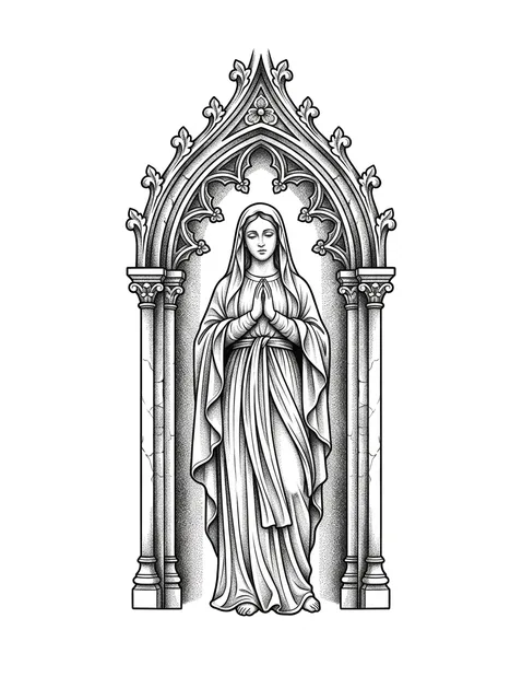 Black and grey dotwork virgin mary tattoo design: the Virgin Mary in a gothic archway