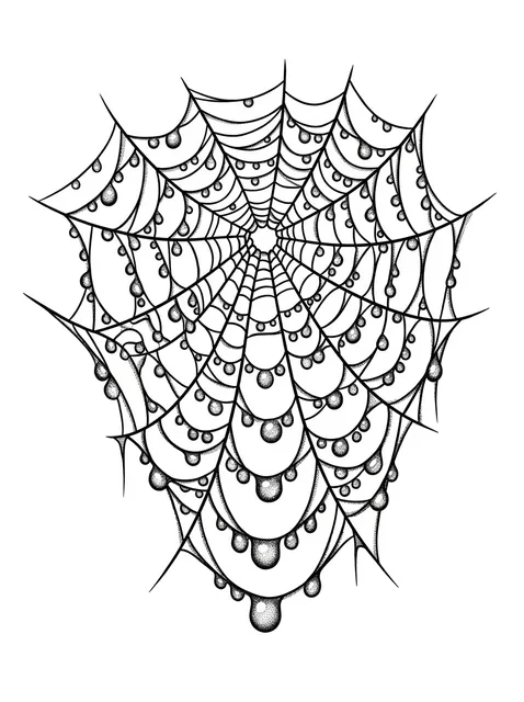 Black and grey dotwork web tattoo design: a spider web adorned with dew drops