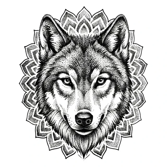 dotwork Wolf tattoo design, black and grey