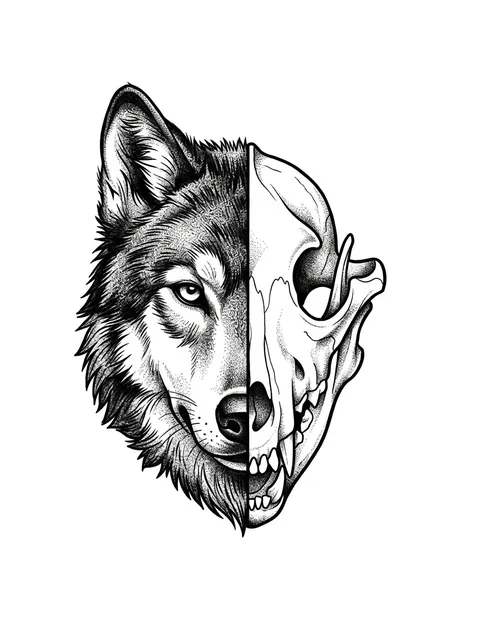 Black and grey dotwork skull and wolf tattoo design