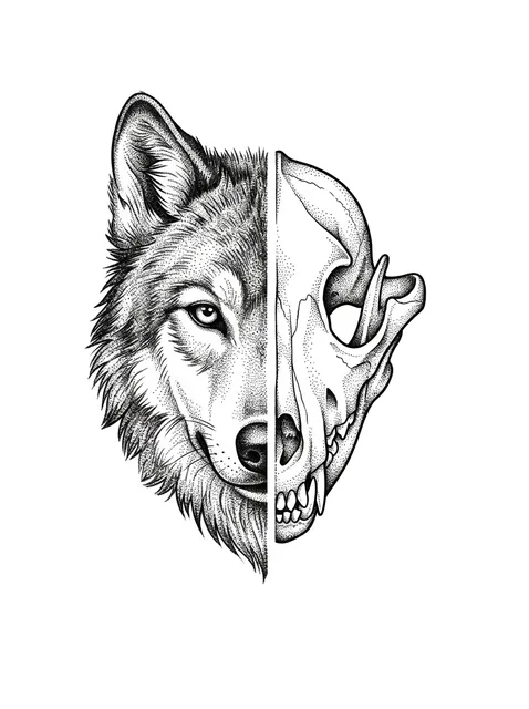 Black and grey dotwork skull and wolf tattoo design: a wolf's head split vertically