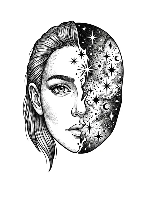 Diseño de tatuaje de el retrato de una mujer y una estrella de estilo puntillismo en negro y gris