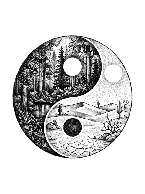Black and grey dotwork mountain and yin yang tattoo design