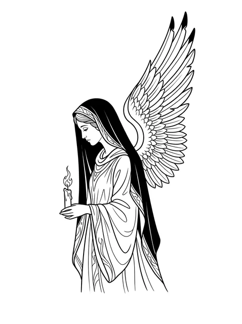Black and white fine line angel of death and candle tattoo design, outline stencil