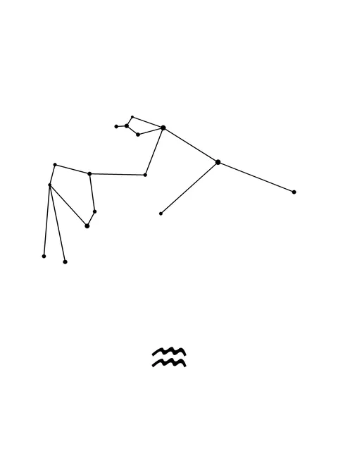 Tattoo-Vorlage mit dem Sternzeichen Wassermann und einem Sternbild, Stil: Fine Line, in Schwarz-Grau