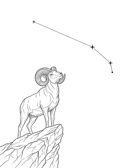 Black and white fine line constellation and aries tattoo design, outline stencil: its head raised