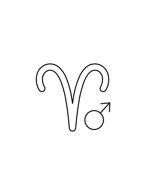 Black and white fine line aries and planet tattoo design, outline stencil