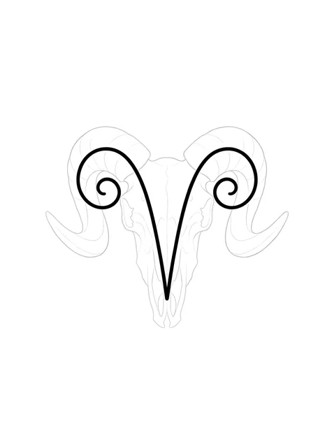 Black and white fine line aries and skull tattoo design, outline stencil: a ram's skull