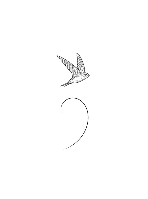 Black and grey fine line bird tattoo design, outline stencil