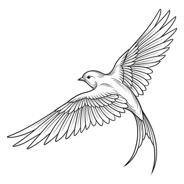 Black and white fine line bird tattoo design, outline stencil: a swallow in flight