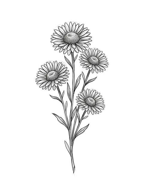 Black and white fine line birth flower and aster tattoo design, outline stencil