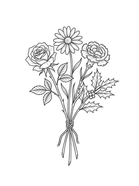 Black and white fine line birth flower and rose tattoo design, outline stencil
