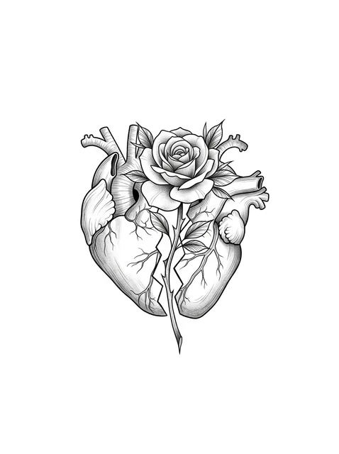 Black and grey fine line broken heart and rose tattoo design, outline stencil
