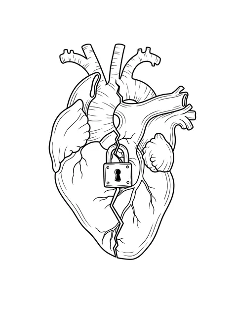 Black and white fine line broken heart tattoo design, outline stencil