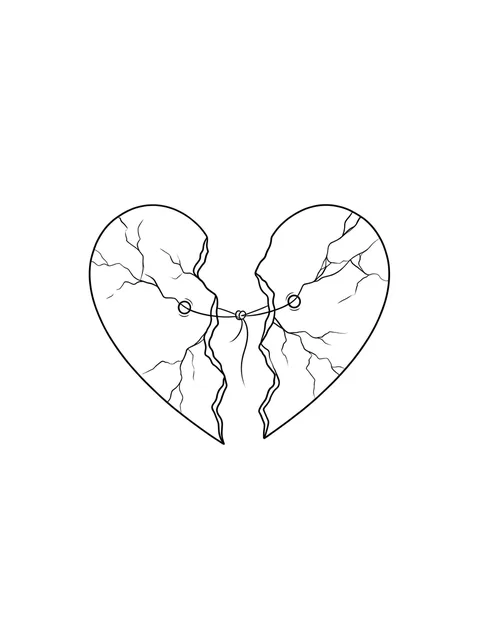 Black and white fine line broken heart tattoo design, outline stencil: a broken heart