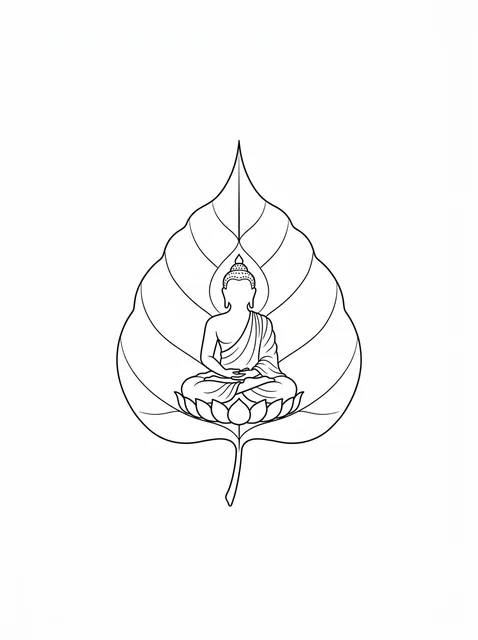 Black and white fine line buddha and leaf tattoo design, outline stencil