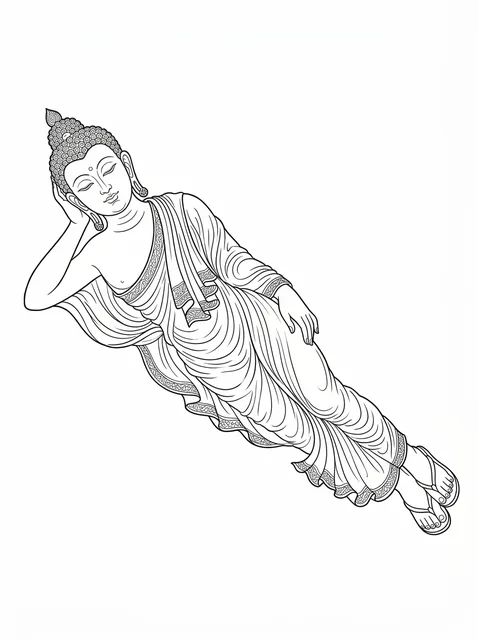 Black and white fine line buddha tattoo design, outline stencil