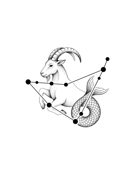 Black and grey fine line capricorn and constellation tattoo design, outline stencil