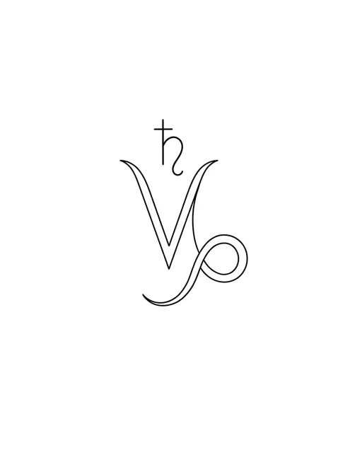 Black and white fine line capricorn tattoo design, outline stencil: the symbol of Saturn