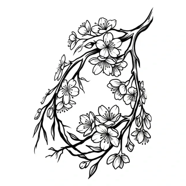 Black and white fine line cherry blossom and flower tattoo design, outline stencil