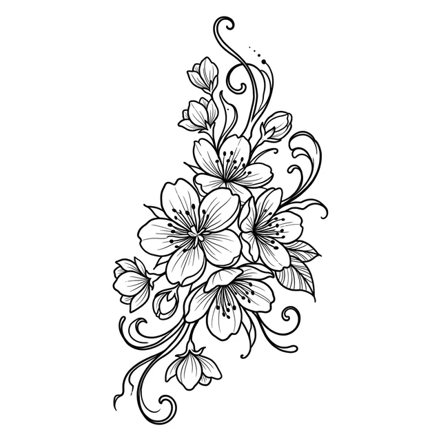 Black and white fine line cherry blossom and flower tattoo design, outline stencil