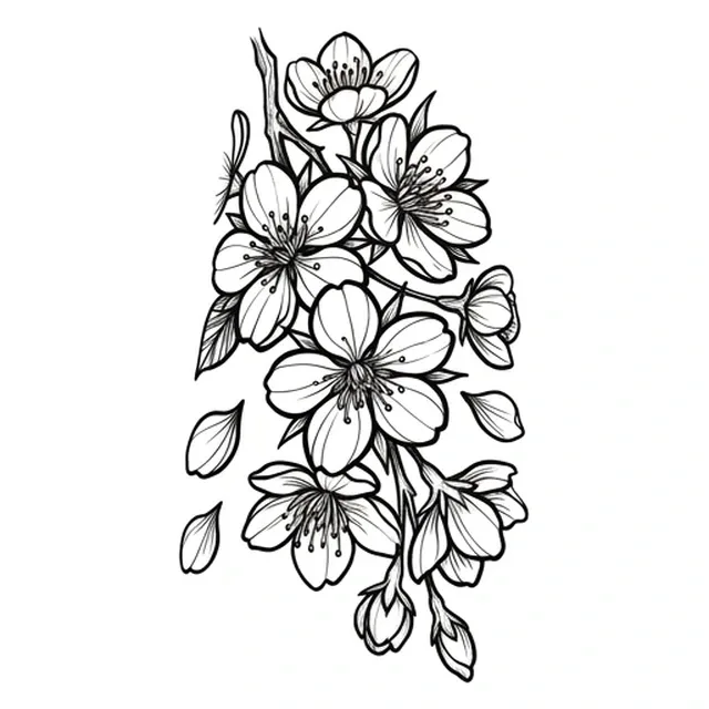 Black and grey fine line cherry blossom and flower tattoo design, outline stencil