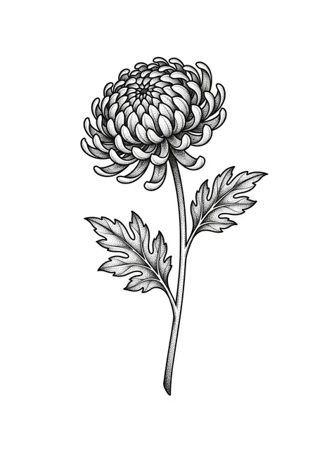 Black and white fine line chrysanthemum tattoo design, outline stencil (1 of 2)
