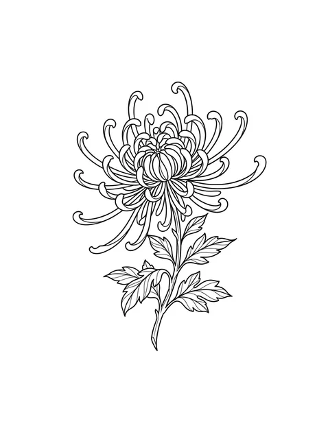 Black and white fine line chrysanthemum tattoo design, outline stencil (2 of 2)