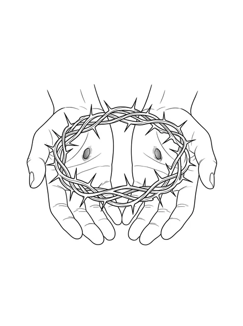 Black and white fine line crown of thorns and hand tattoo design, outline stencil