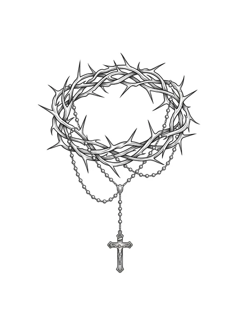 Black and grey fine line crown of thorns and rosary tattoo design, outline stencil