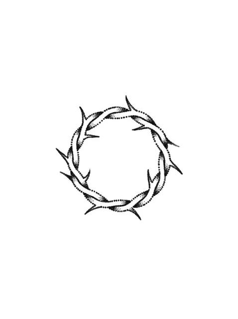 Black and grey fine line crown of thorns tattoo design, outline stencil: a few short sharp thorns