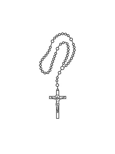 Black and white fine line crucifix and rosary tattoo design, outline stencil