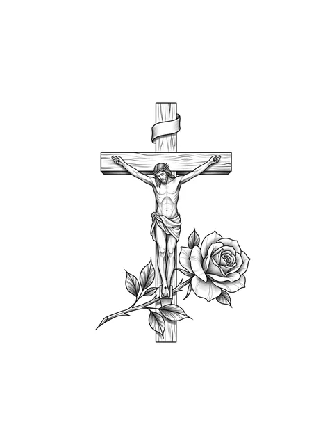Black and grey fine line crucifix and rose tattoo design, outline stencil