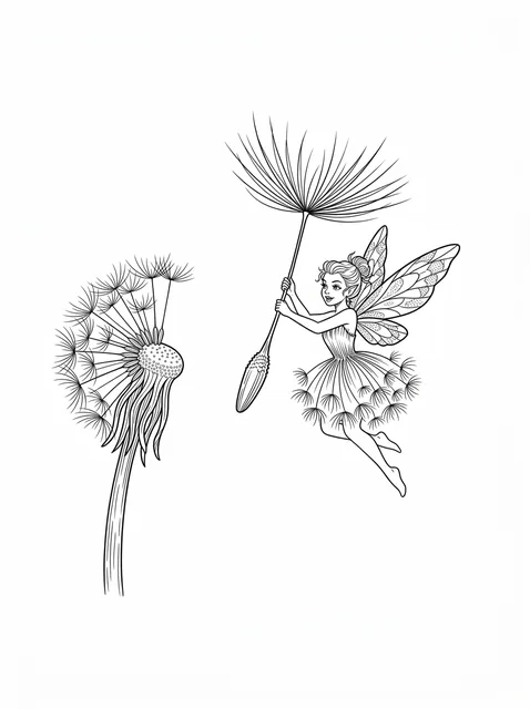 Black and white fine line fairy and dandelion tattoo design, outline stencil