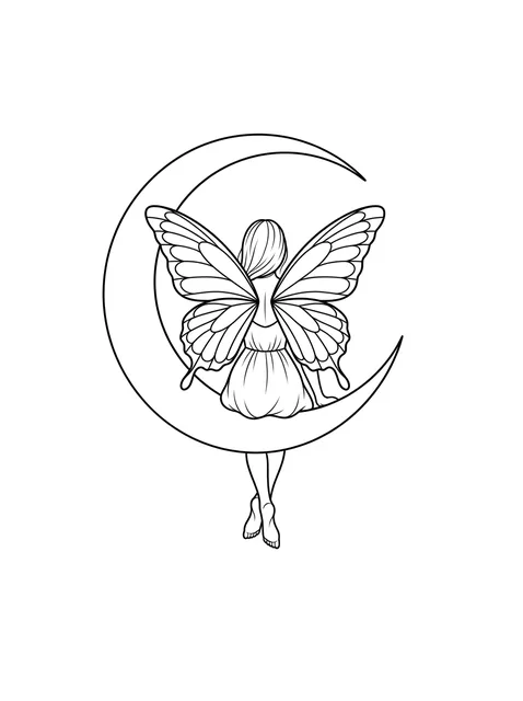 Black and white fine line fairy and moon tattoo design, outline stencil: a crescent moon