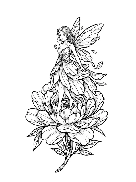 Black and white fine line fairy and peony tattoo design, outline stencil: an open peony