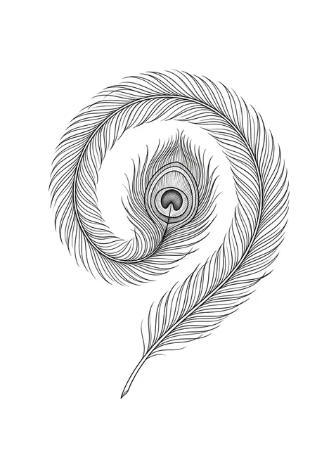 Black and white fine line peacock and feather tattoo design, outline stencil