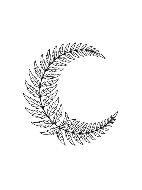 Black and white fine line fern and moon tattoo design, outline stencil