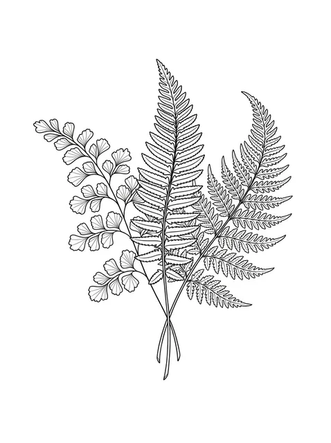 Black and white fine line fern tattoo design, outline stencil