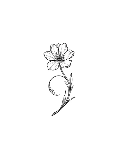 Black and white fine line flower and leaf tattoo design, outline stencil