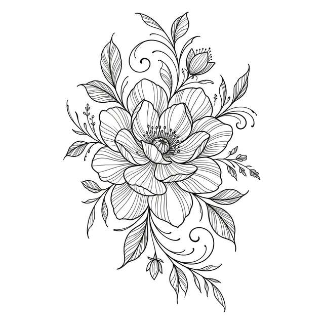 Black and white fine line flower and leaf tattoo design, outline stencil