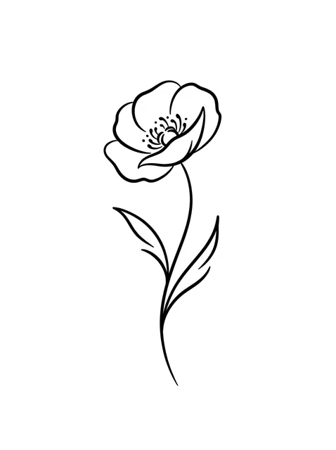 Black and white fine line flower and poppy tattoo design, outline stencil