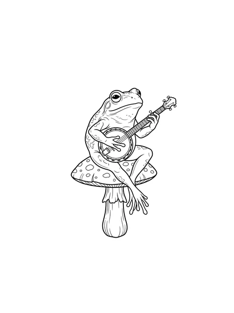 Black and white fine line frog and mushroom tattoo design, outline stencil