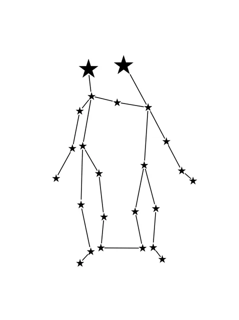 Black and white fine line gemini and constellation tattoo design, outline stencil
