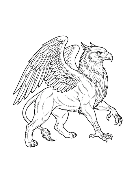 Black and white fine line griffin tattoo design, outline stencil