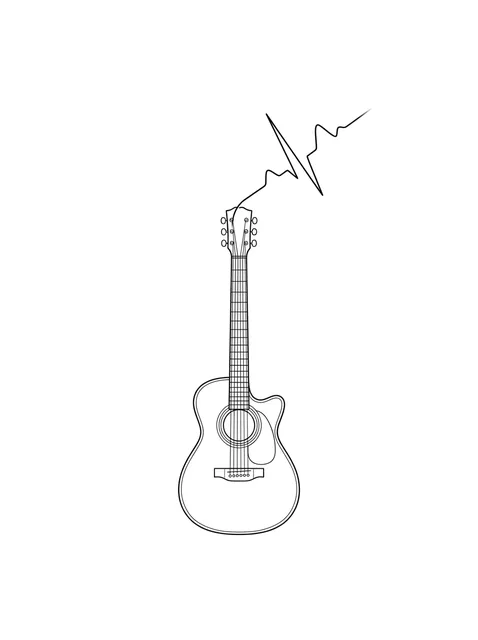 Black and white fine line guitar tattoo design, outline stencil