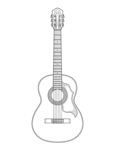 Black and white fine line guitar tattoo design, outline stencil